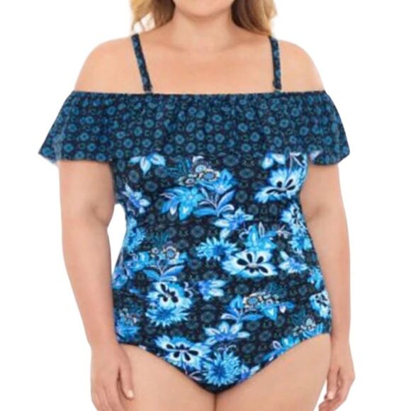 Swim Solutions HIDEAWAY NAVY Ruffled Off-the-Shoulder One-Piece Swimsuit, US 24W - Picture 1 of 5